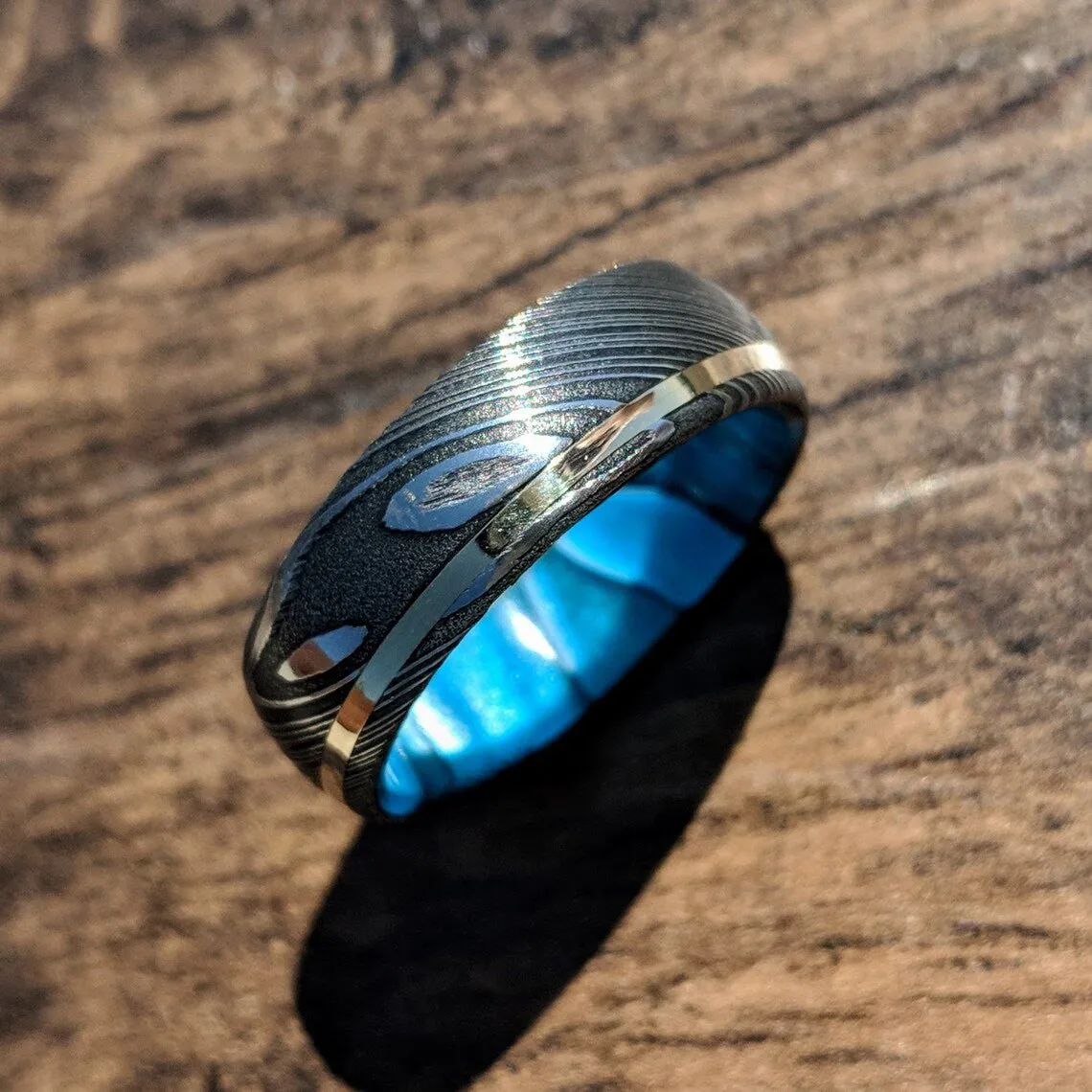 14k Gold Blue Ocean Sleeve Damascus Steel Ring, Mens Wedding Band Damascus Steel Ring