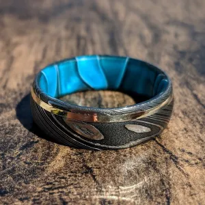 14k Gold Blue Ocean Sleeve Damascus Steel Ring, Mens Wedding Band Damascus Steel Ring