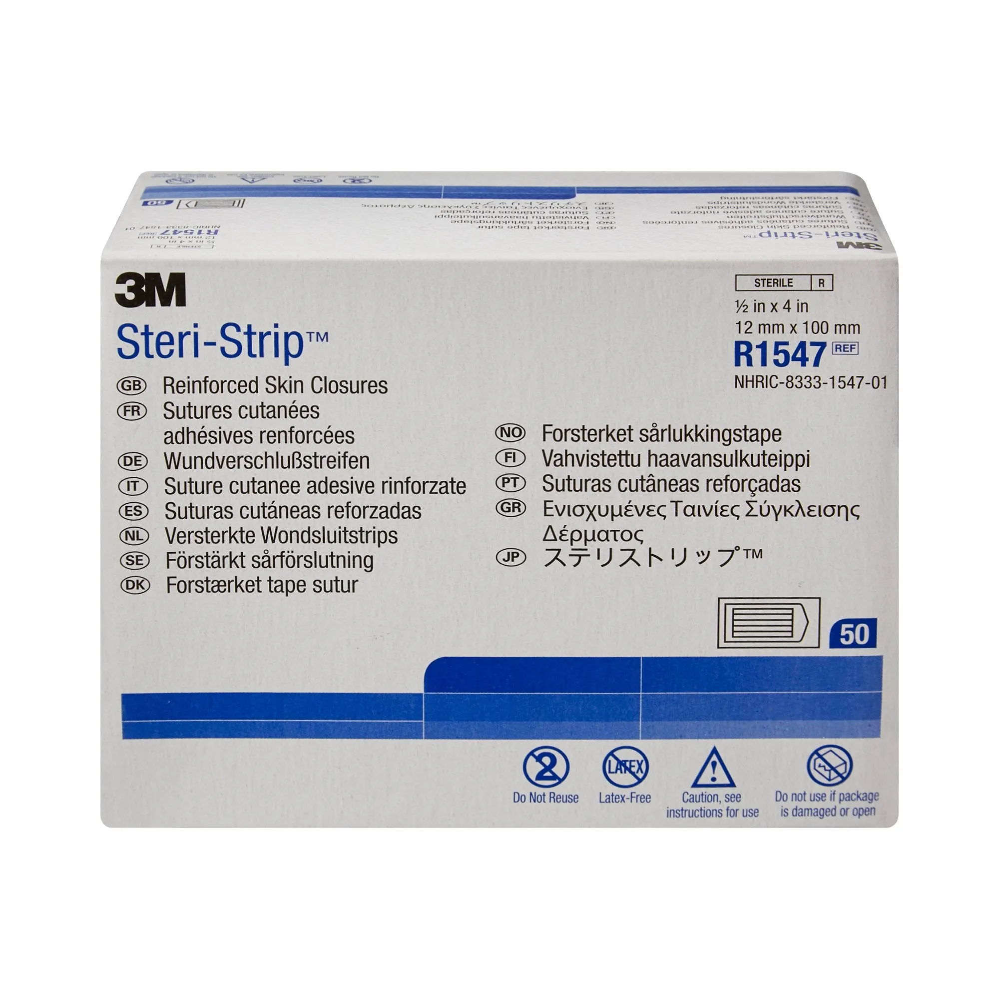 3M Steri-Strip Skin Closure Strips, Non-Woven, 1/2 inch X 4 inch, Reinforced Strip, White