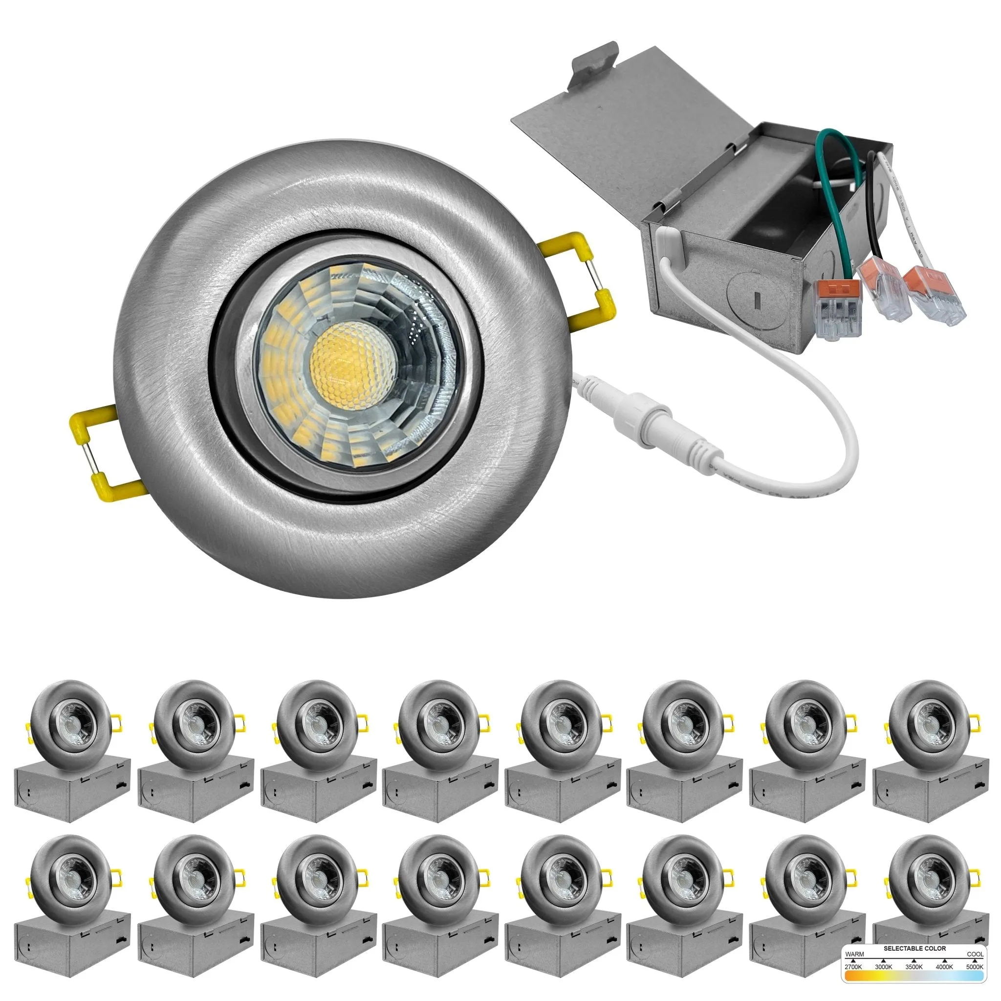 3" Inch Brushed Nickel Gimbal Recessed Light for Sloped Ceiling Canless LED Lighting - Wet Rated - 5CCT 2700K-5000K - 600LM