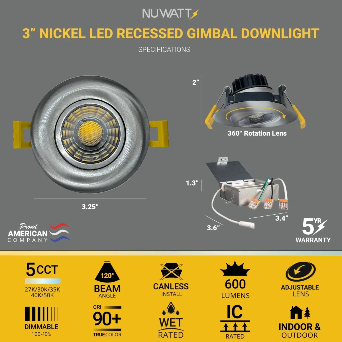 3" Inch Brushed Nickel Gimbal Recessed Light for Sloped Ceiling Canless LED Lighting - Wet Rated - 5CCT 2700K-5000K - 600LM