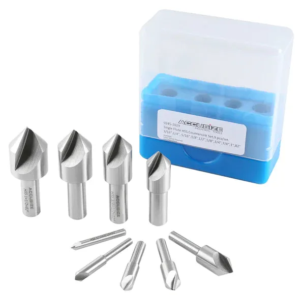 Accusize - Single Flute HSS Countersink Sets, 9 pcs/set