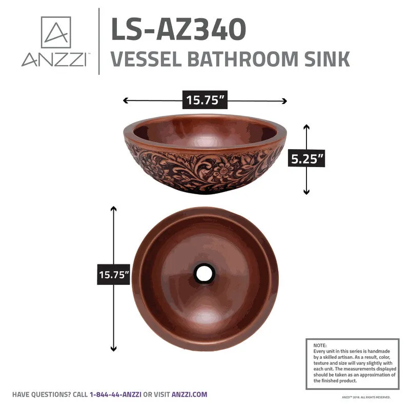 ANZZI Anchor 16 in. Handmade Vessel Sink in Polished Antique Copper with Floral Design Exterior