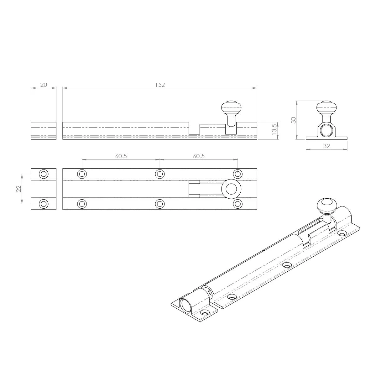 BB3206 150x32mm Surface Fix Door Barrel Bolt - 3 Finishes