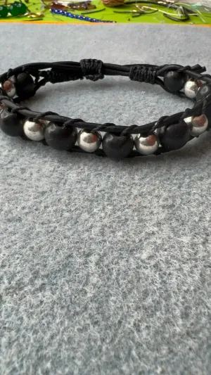 Black Jasper, Leather Wrapped with Silver Beads Adjustable Bracelet