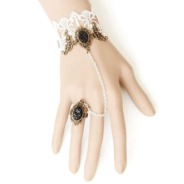 Bridal White Lace Bracelet w/ Vintage Style Ring Set