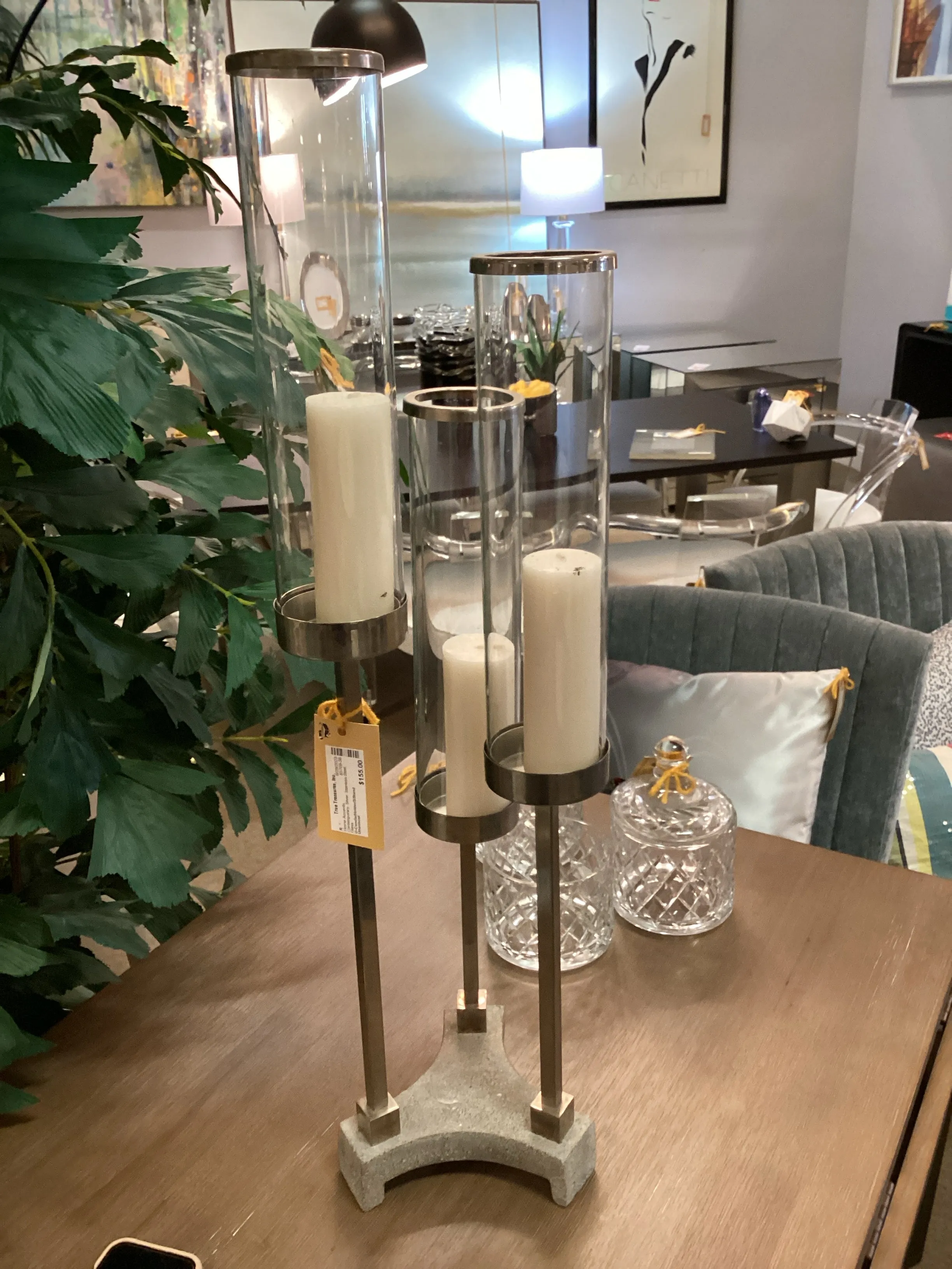 Contemporary 3 Cylinder Stainless and Glass Candle Holder on Stand