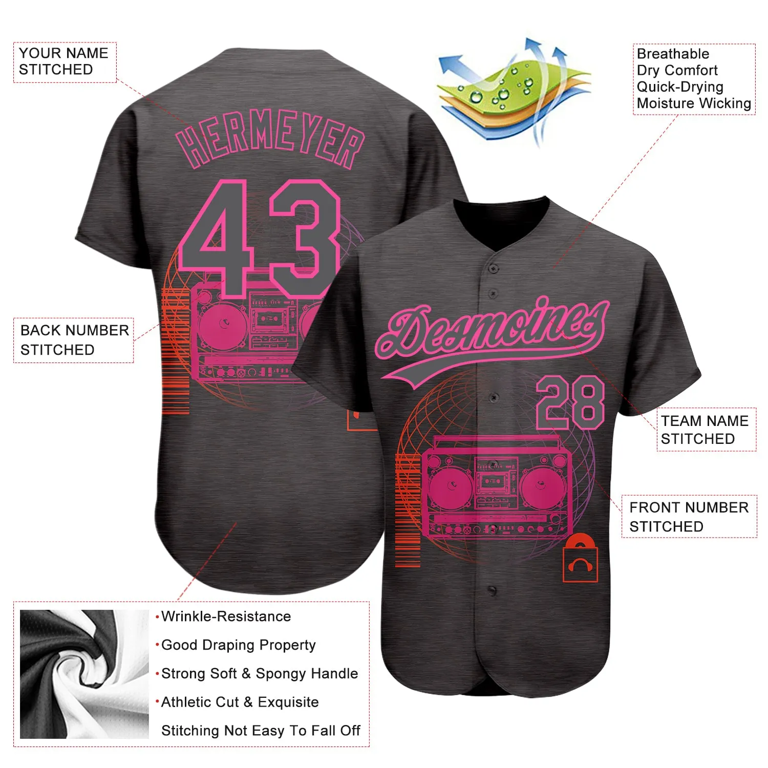 Custom Steel Gray Pink 3D Pattern Design Music Festival Old School Music Authentic Baseball Jersey