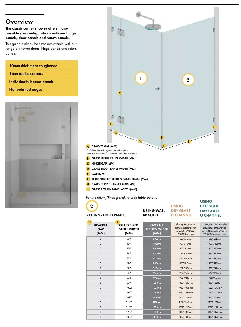 Gun Metal Grey Frameless Corner Shower Screen with extended Dry Glaze U Channels