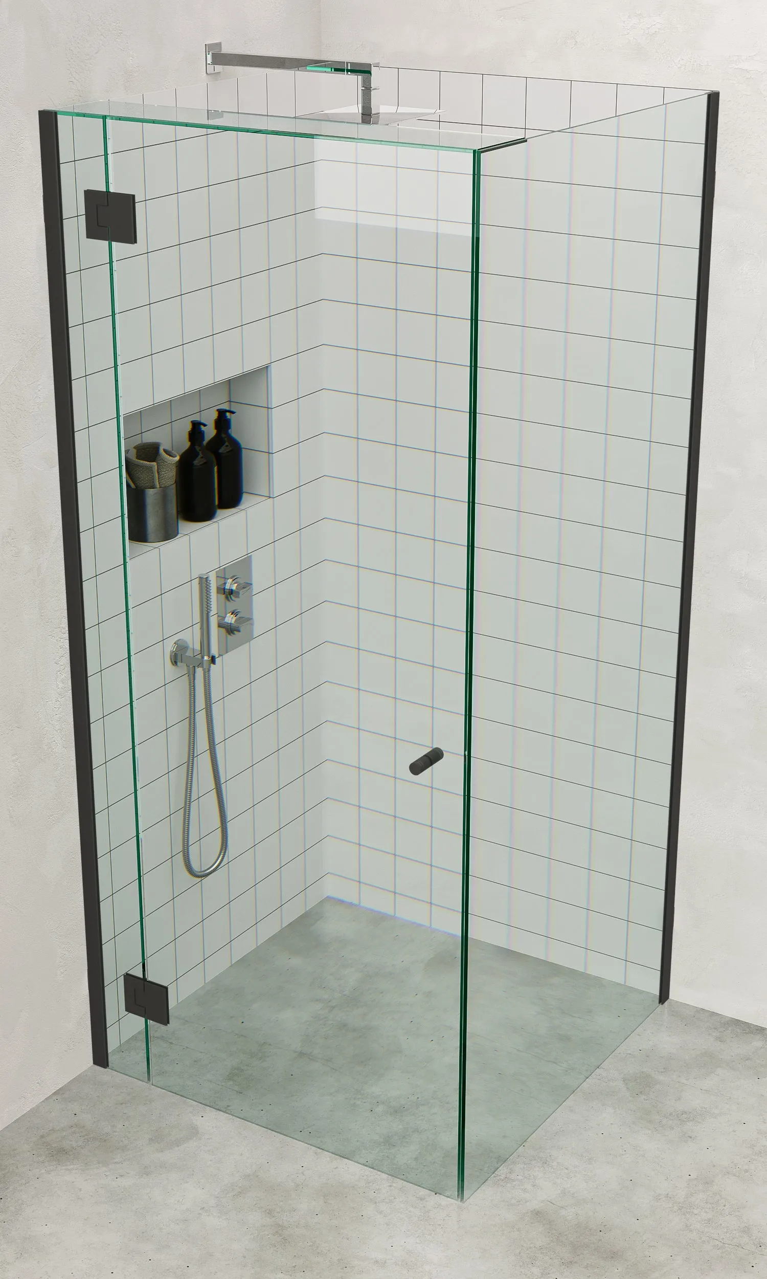 Gun Metal Grey Frameless Corner Shower Screen with extended Dry Glaze U Channels