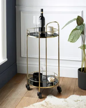 Luxurious Round Trolley with Black Glass Top - 2 Tier Serving Cart