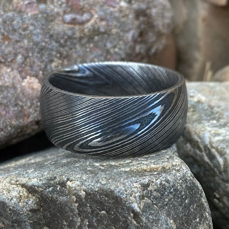 Mens Wedding Band, 11mm Damascus Steel Ring, Damascus Mens Rings