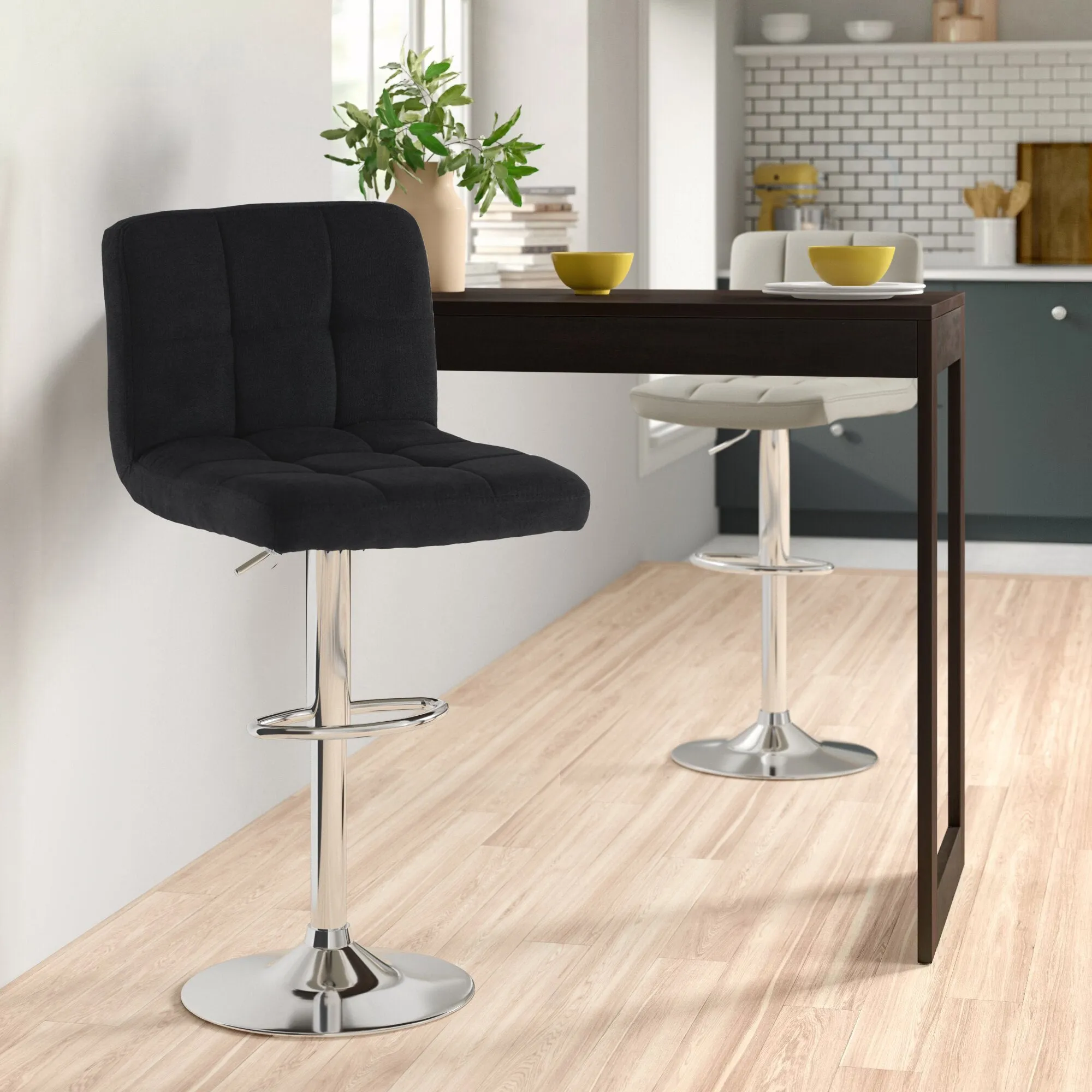 Neo Cuban Black Fabric Swivel Bar Stool