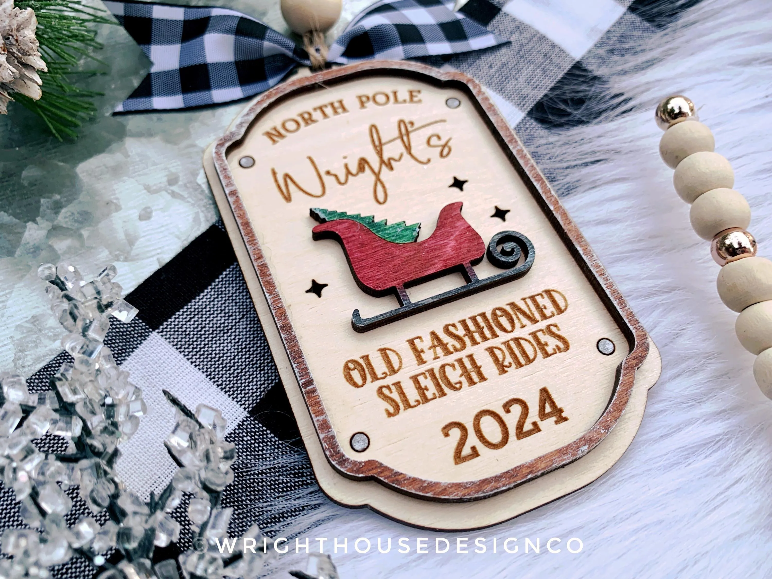 North Pole Old Fashioned Sleigh Rides Family Name Christmas Ornament - Personalizable Quick Cut File For Glowforge Lasers - Digital SVG File