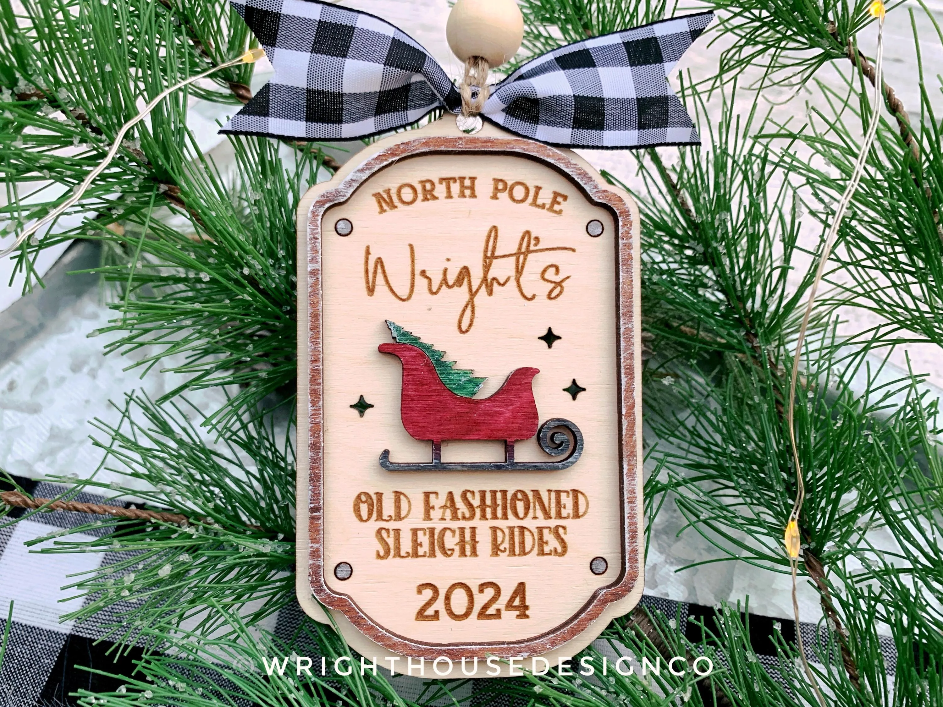 North Pole Old Fashioned Sleigh Rides Family Name Christmas Ornament - Personalizable Quick Cut File For Glowforge Lasers - Digital SVG File