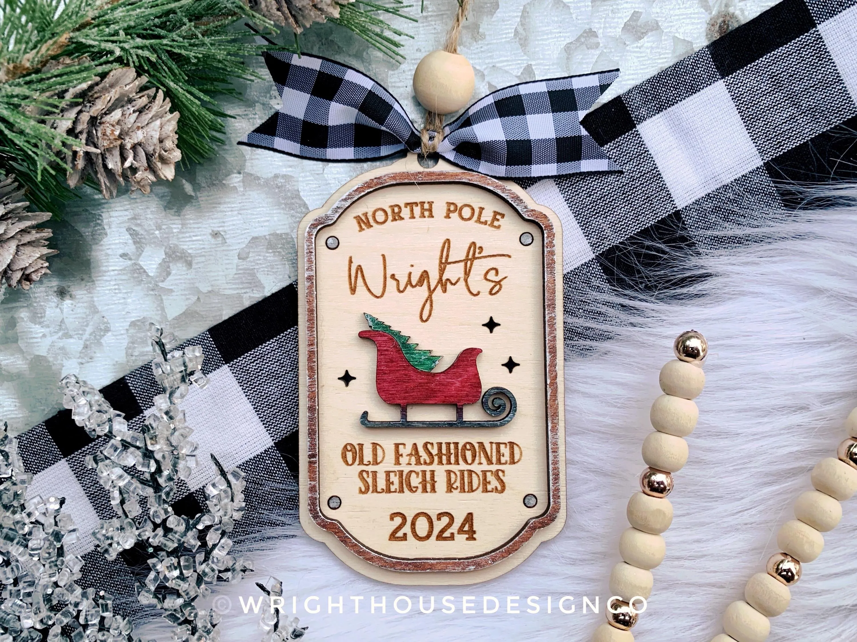 North Pole Old Fashioned Sleigh Rides Family Name Christmas Ornament - Personalizable Quick Cut File For Glowforge Lasers - Digital SVG File