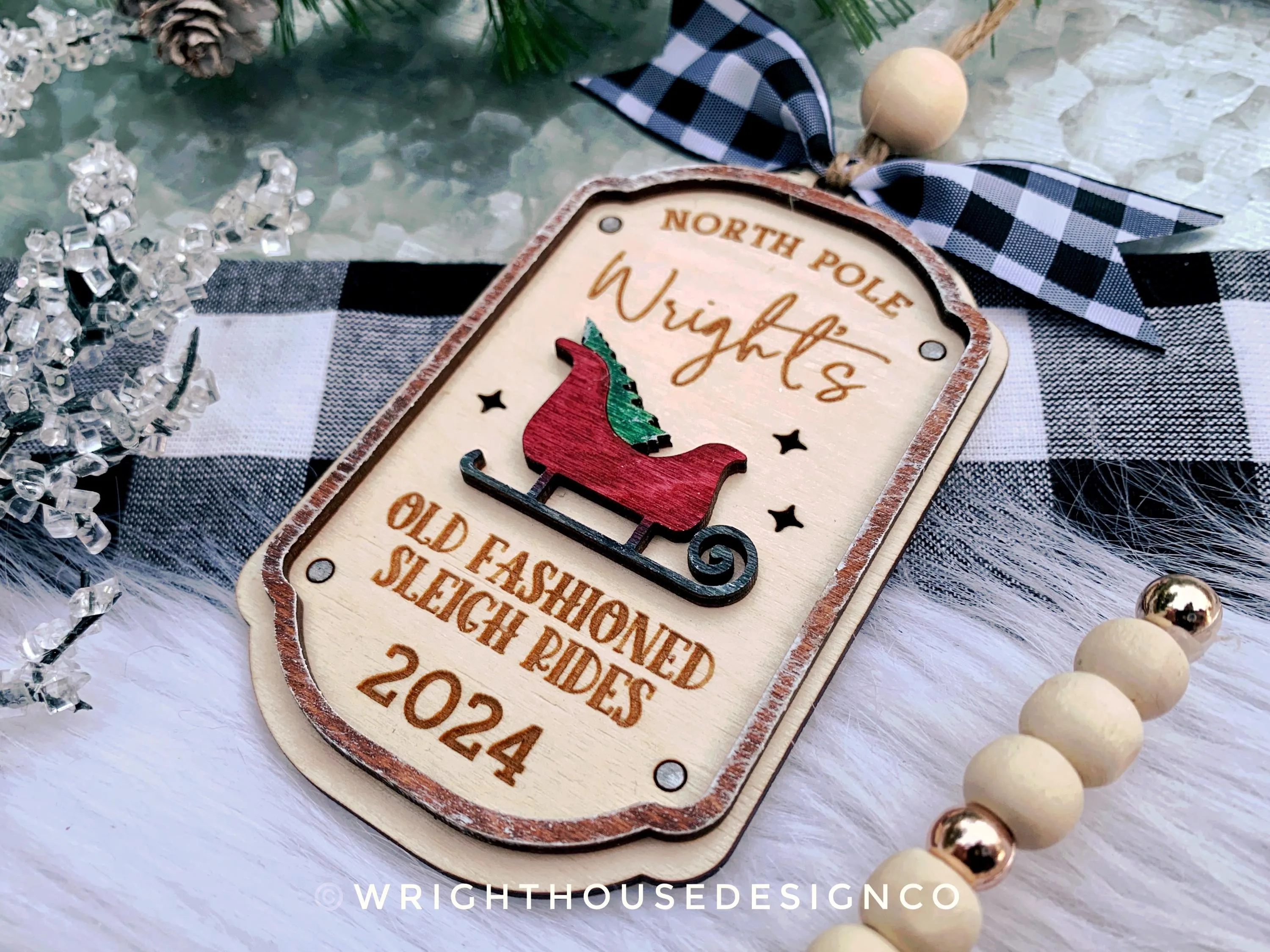 North Pole Old Fashioned Sleigh Rides Family Name Christmas Ornament - Personalizable Quick Cut File For Glowforge Lasers - Digital SVG File