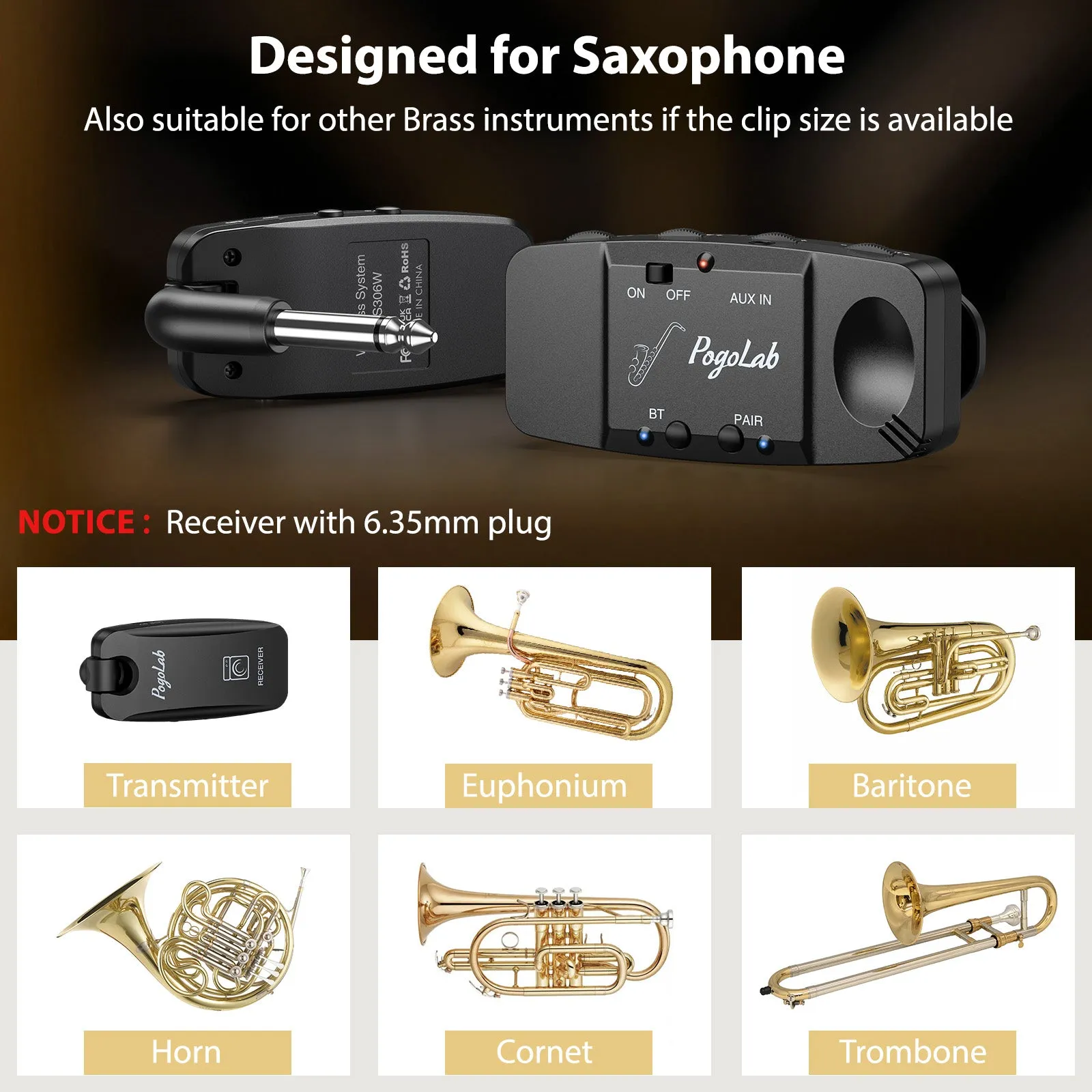 POGOLAB MYS306W Wireless UHF Saxophone Pickup System