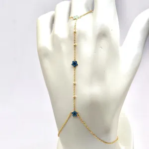 Real Gold Hand Wrist Chain Bracelet with Blue Flowers and Beads - Model 8308 BR1699