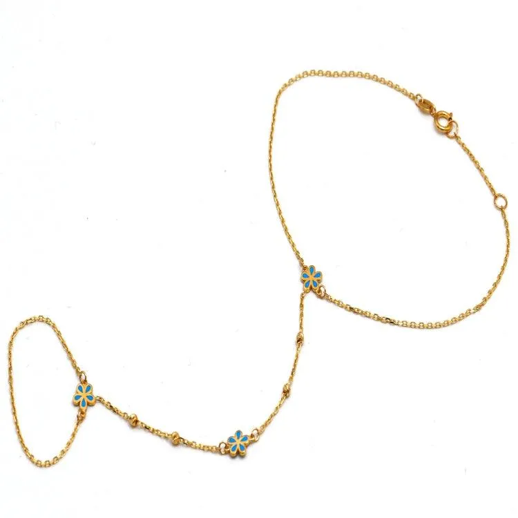 Real Gold Hand Wrist Chain Bracelet with Blue Flowers and Beads - Model 8308 BR1699