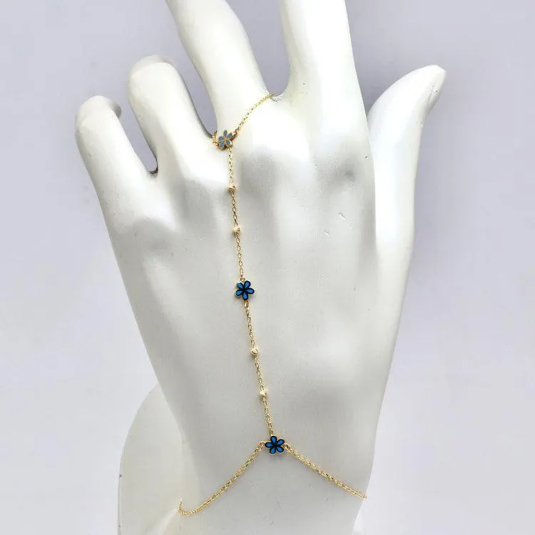 Real Gold Hand Wrist Chain Bracelet with Blue Flowers and Beads - Model 8308 BR1699