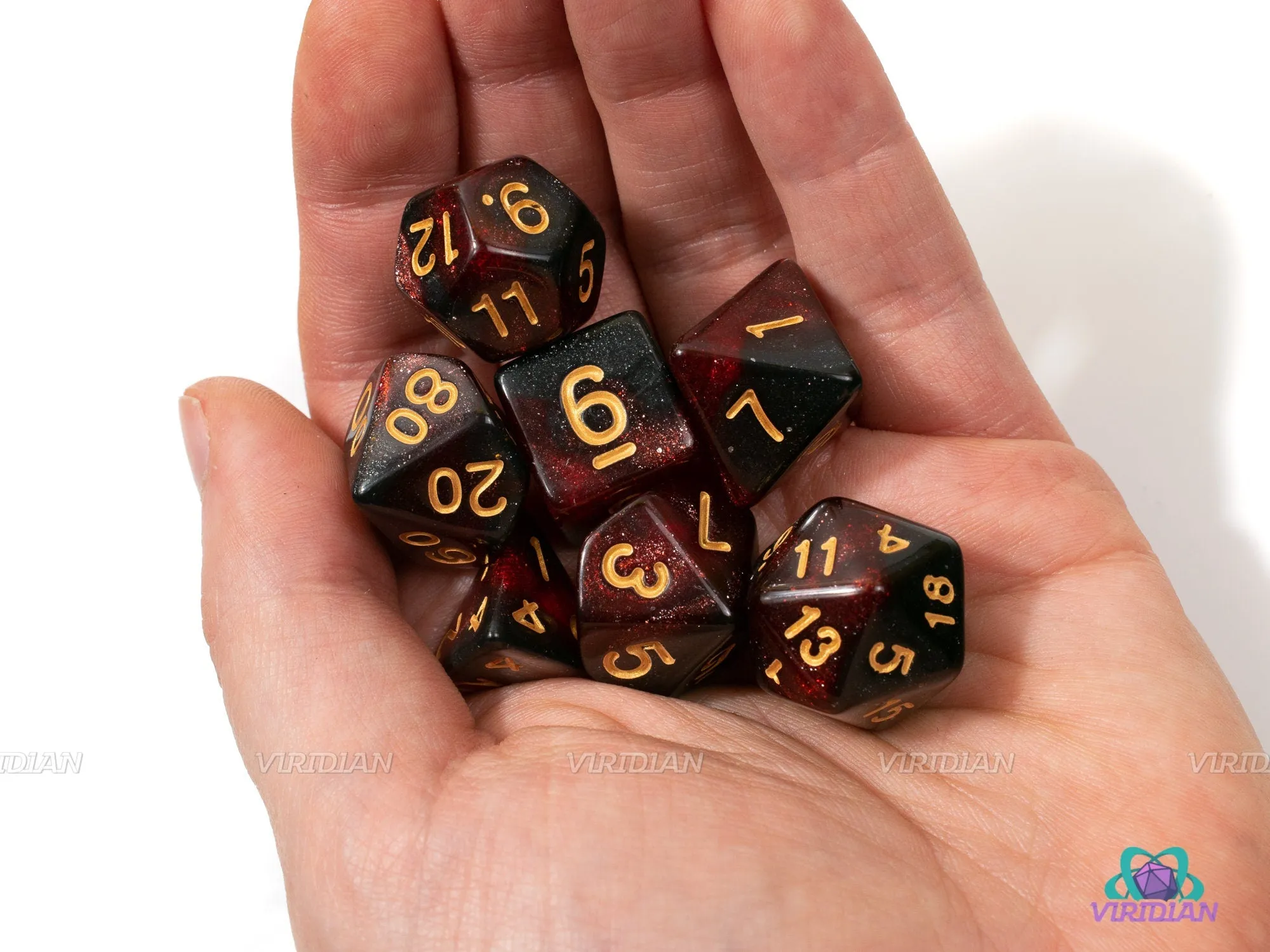 Red Obsidian | Red, Black, Gold Glitter Acrylic Dice Set (7) | Dungeons and Dragons (DnD)