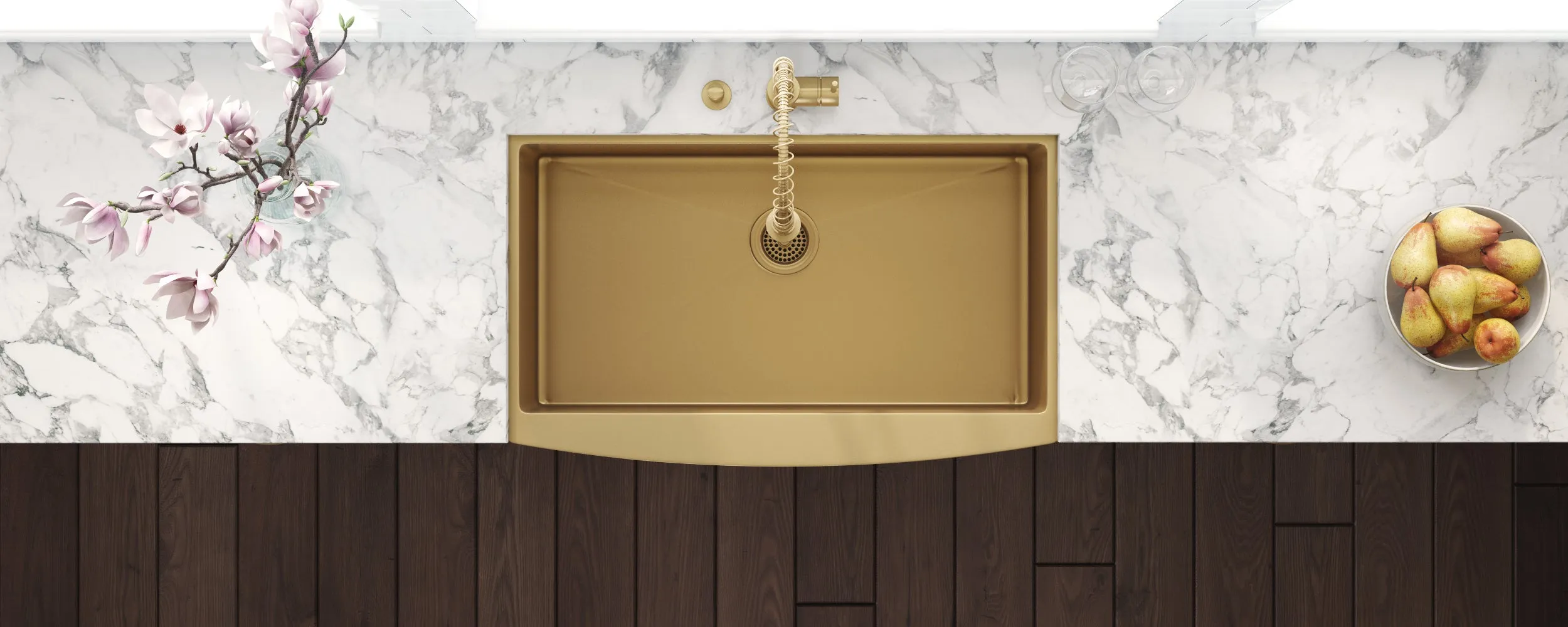 Ruvati Brass Tone 30-inch Apron-Front Matte Gold Stainless Steel Farmhouse Kitchen Sink – Single Bowl – RVH9660GG