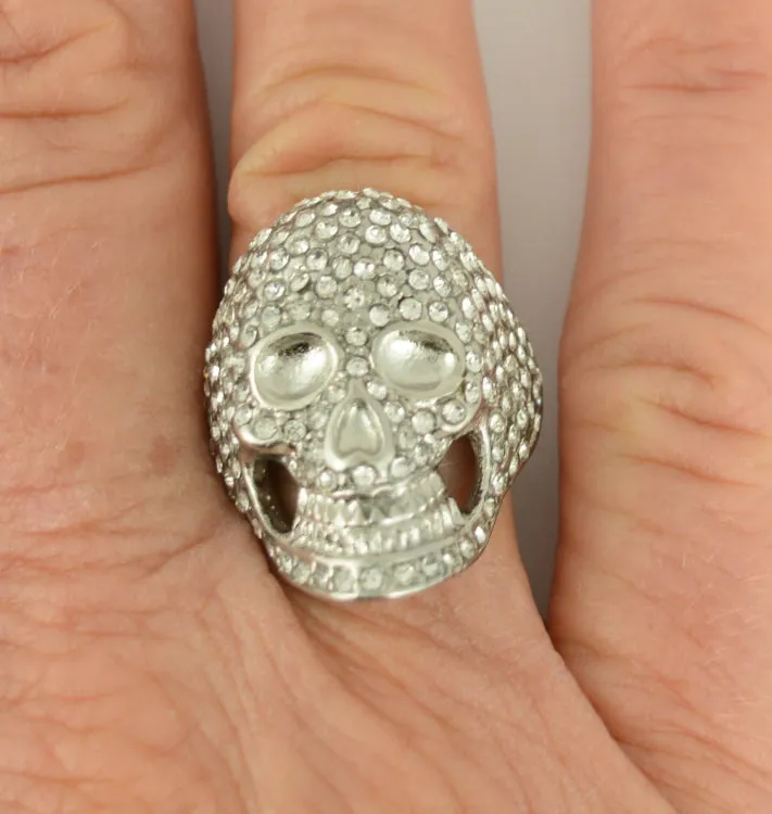 SK1065  Ladies Bling Covered Skull Imitation Diamond Ring Stainless Steel Motorcycle Jewelry  Size 5-9