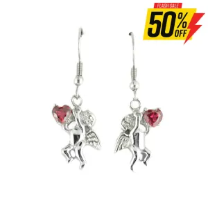 SK1466  Cherub Angel  Earrings Imitation Ruby Heart Shape Stones French Wire Stainless Steel Motorcycle Biker Jewelry