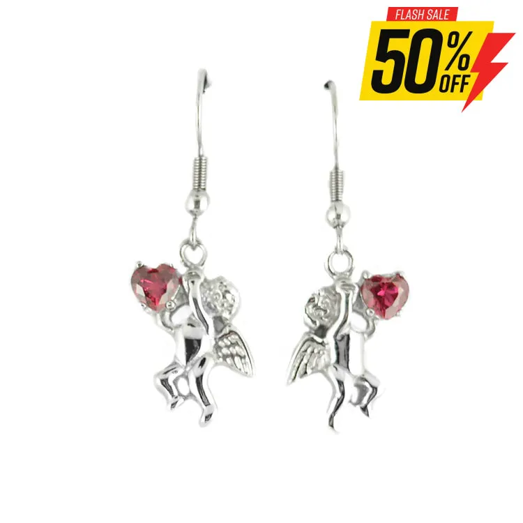 SK1466  Cherub Angel  Earrings Imitation Ruby Heart Shape Stones French Wire Stainless Steel Motorcycle Biker Jewelry