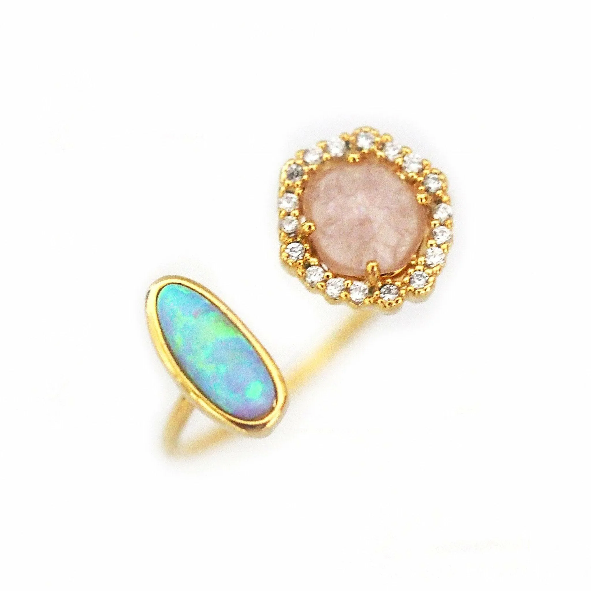 TAI  Adjustable Gold Ring With Opal Stone and Rose Crystal