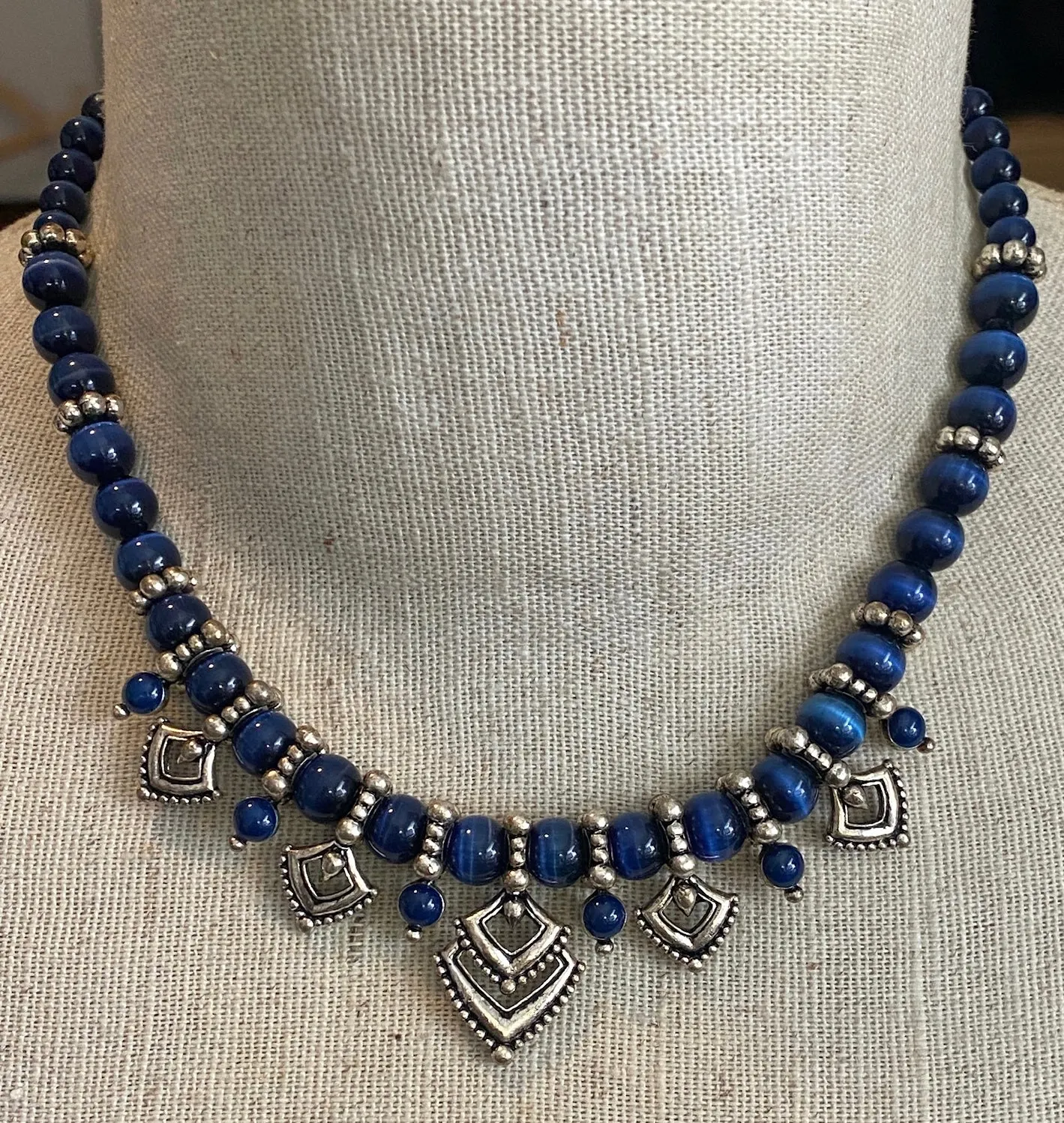 Vintage Avon Dark Cobalt Blue Silver Bead Necklace Adjustable