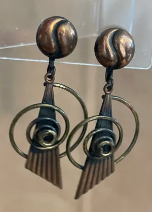 Vintage Copper Modern Circle Drop Dangly Screwback Earrings