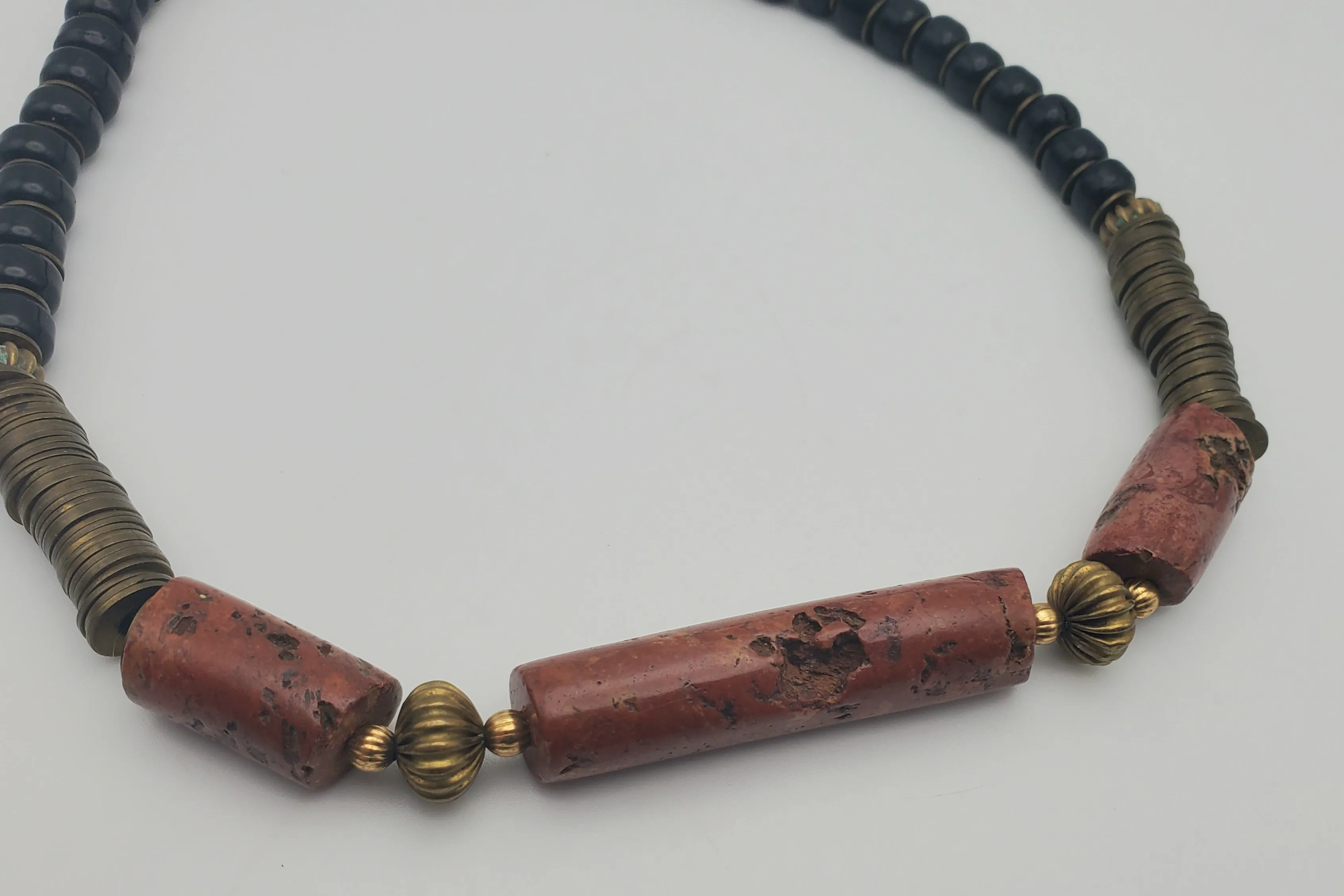 Vintage Handmade Red Jasper, Brass and Glass Necklace - 18.5"