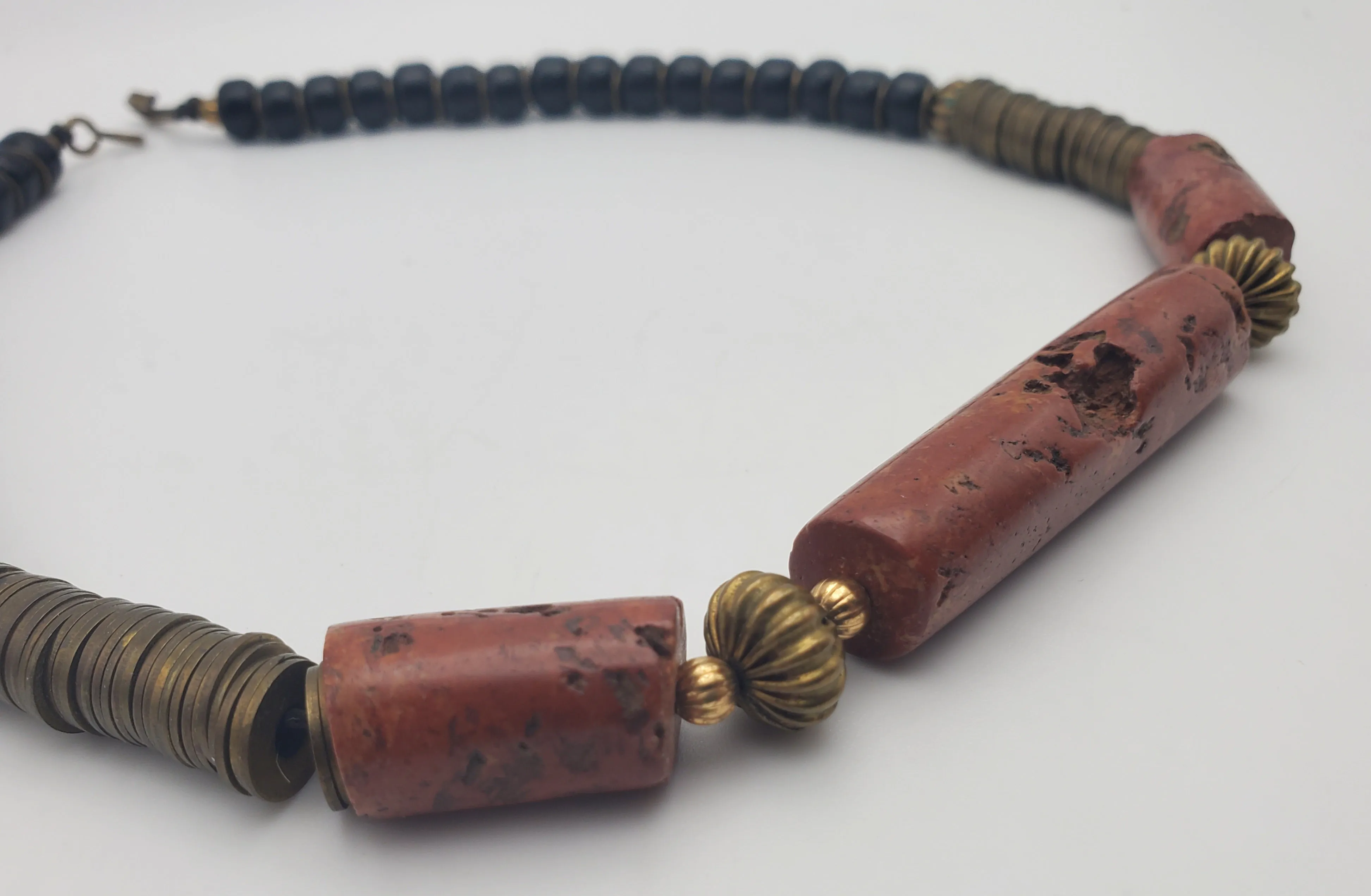 Vintage Handmade Red Jasper, Brass and Glass Necklace - 18.5"