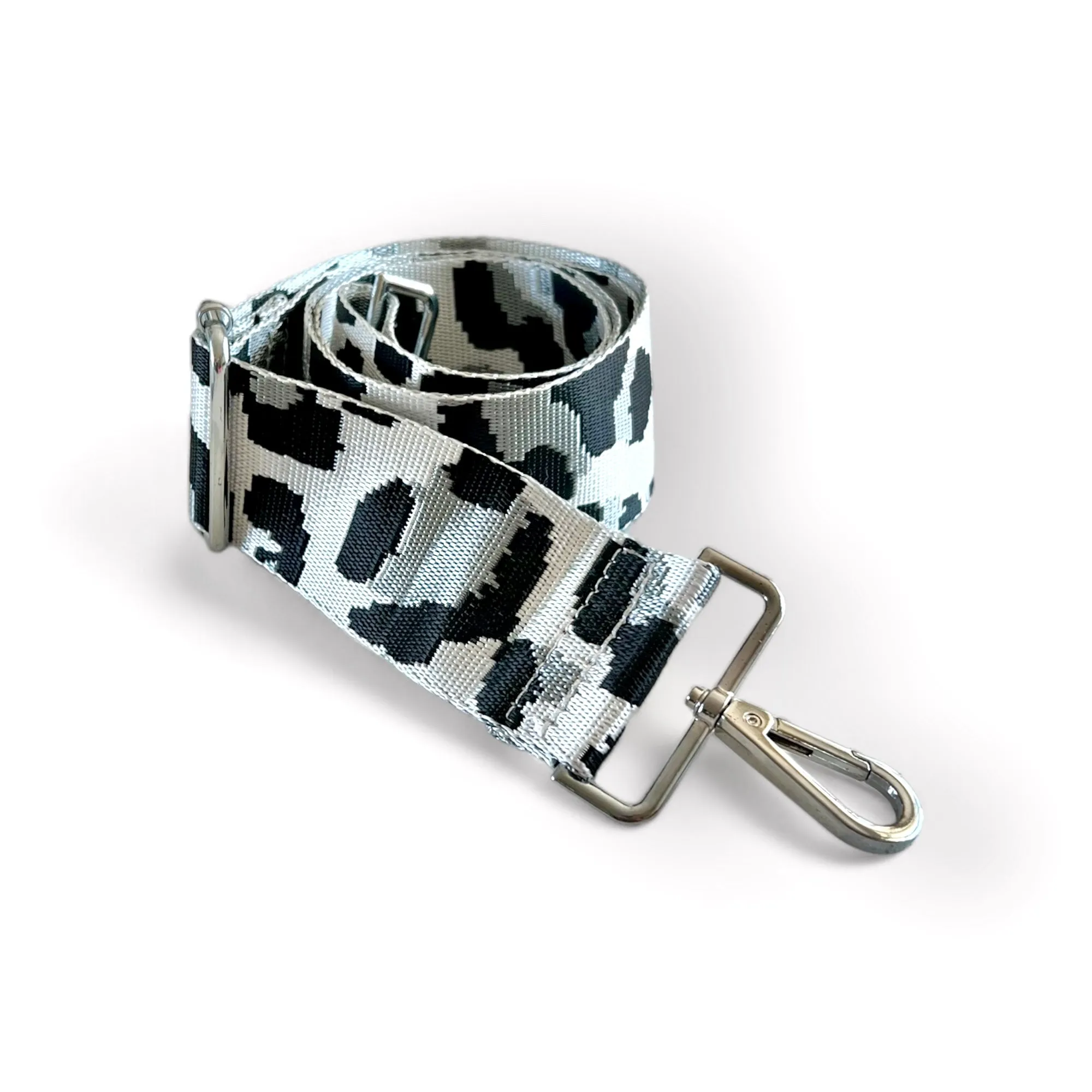 Webbing Shoulder Strap NEW White/ Black Leopard- SILVER Hardware